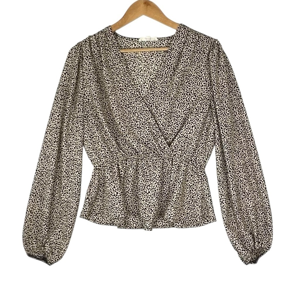 Hesperus Womens Sz L Cheetah Spotted Smocked Poet Sleeve Blouse Top